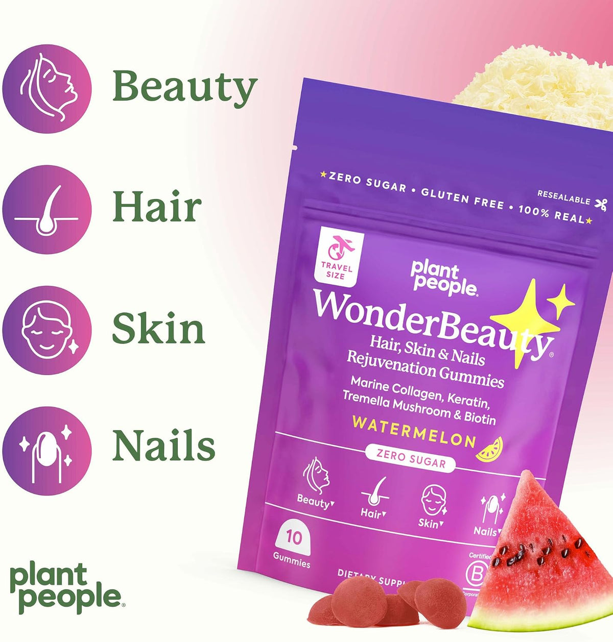 Plant People WonderBeauty Hair Gummies, Watermelon Flavor, 10 Ct