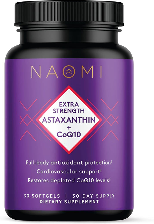 NAOMI Extra Strength Astaxanthin 12mg + CoQ10 200mg - Supports Heart Health, Cellular Energy & Antioxidant Defense - Patented Zanthin® & Kaneka® Q10, Fat-Soluble Softgel, 30-Day Supply