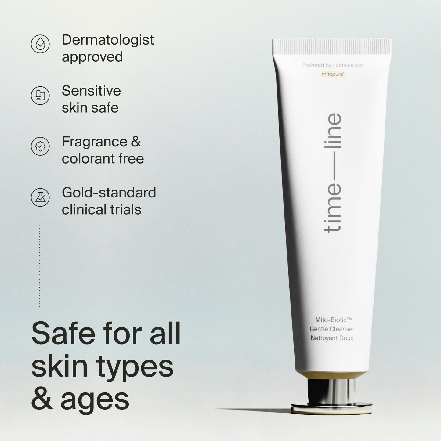 Timeline Mitopure Gentle Cleanser - Non-Drying & Calming Foaming Mousse with Ceramides to Remove Makeup & Strengthen Skin Barrier for All Skin Types - 3.38 Fl Oz