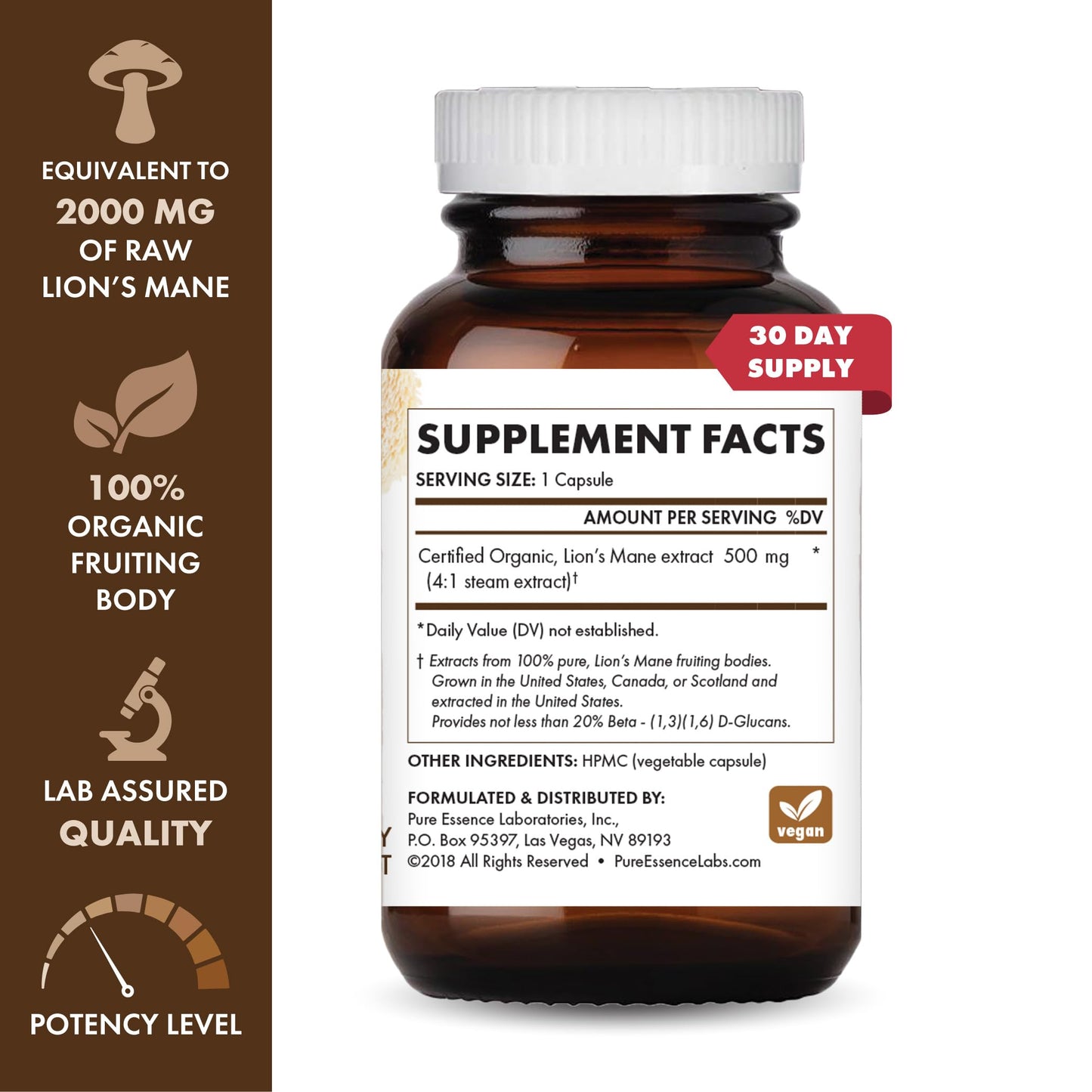 PURE ESSENCE LABS MyPure Lion's Mane 2X - Double Strength Brain Support Supplement with 100% Organic Fruiting Body Lion's Mane for Cognitive Health, Focus, Memory & Mental Clarity, 30 Capsules