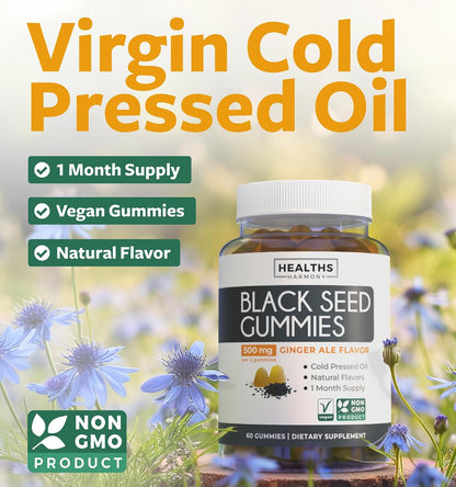 Black Seed Oil Gummies - Natural Ginger Ale Flavor (Non-GMO & Vegan) Cold-Pressed Nigella Sativa Producing Pure Black Cumin Seed Oil - 500mg Per 2 Gummy Serving