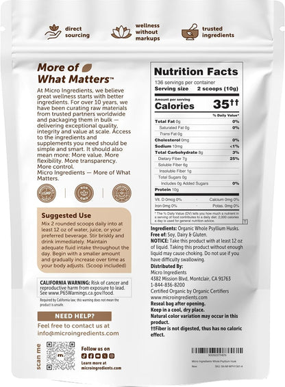 Micro Ingredients Organic Whole Psyllium Husks, 3lbs | Daily Soluble Fiber Supplement | Sourced from India | Ideal for Oatmeal, Coffee & Beverage | Unflavored, Non-GMO, Keto Friendly, Vegan