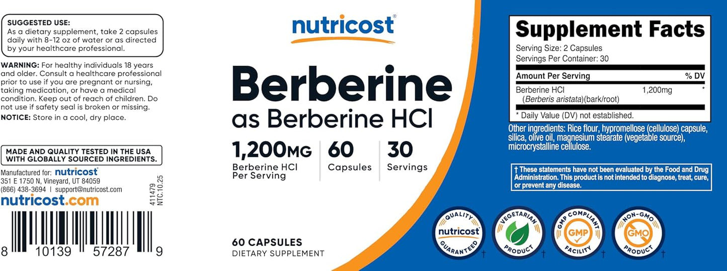 Nutricost Berberine HCl 1200mg , 60 Vegetarian Capsules - Gluten Free & Non-GMO | Gluten Free & GMO-Free