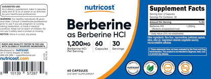 Nutricost Berberine HCl 1200mg , 60 Vegetarian Capsules - Gluten Free & Non-GMO | Gluten Free & GMO-Free