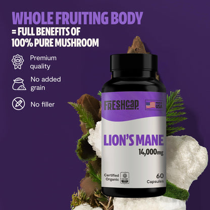 FreshCap Mushrooms Premium Organic Lions Mane Capsules - 14:1 Fruiting Body Extract with 31% Beta-Glucans - 3rd-Party Tested Nootropic for Clarity, Focus & Cognitive Support (120 Capsules)