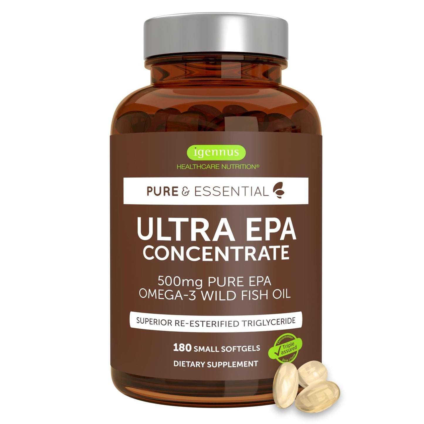 Igennus Ultra Pure EPA Omega-3 500mg, DHA-Free, High EPA rTG, IFOS Certified Fish Oil, Concentrated Triglyceride Form, Non-GMO, 90 Small Softgels