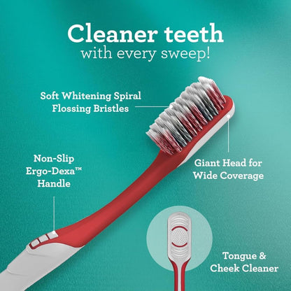 GuruNanda Gentle Giant Toothbrush with Dual Action Flossing Spiral Bristles, Non-Slip Ergo Dexa Grip, Helps in Teeth Whitening, BPA Free Manual Toothbrushes, Assorted Colors, 4 Count