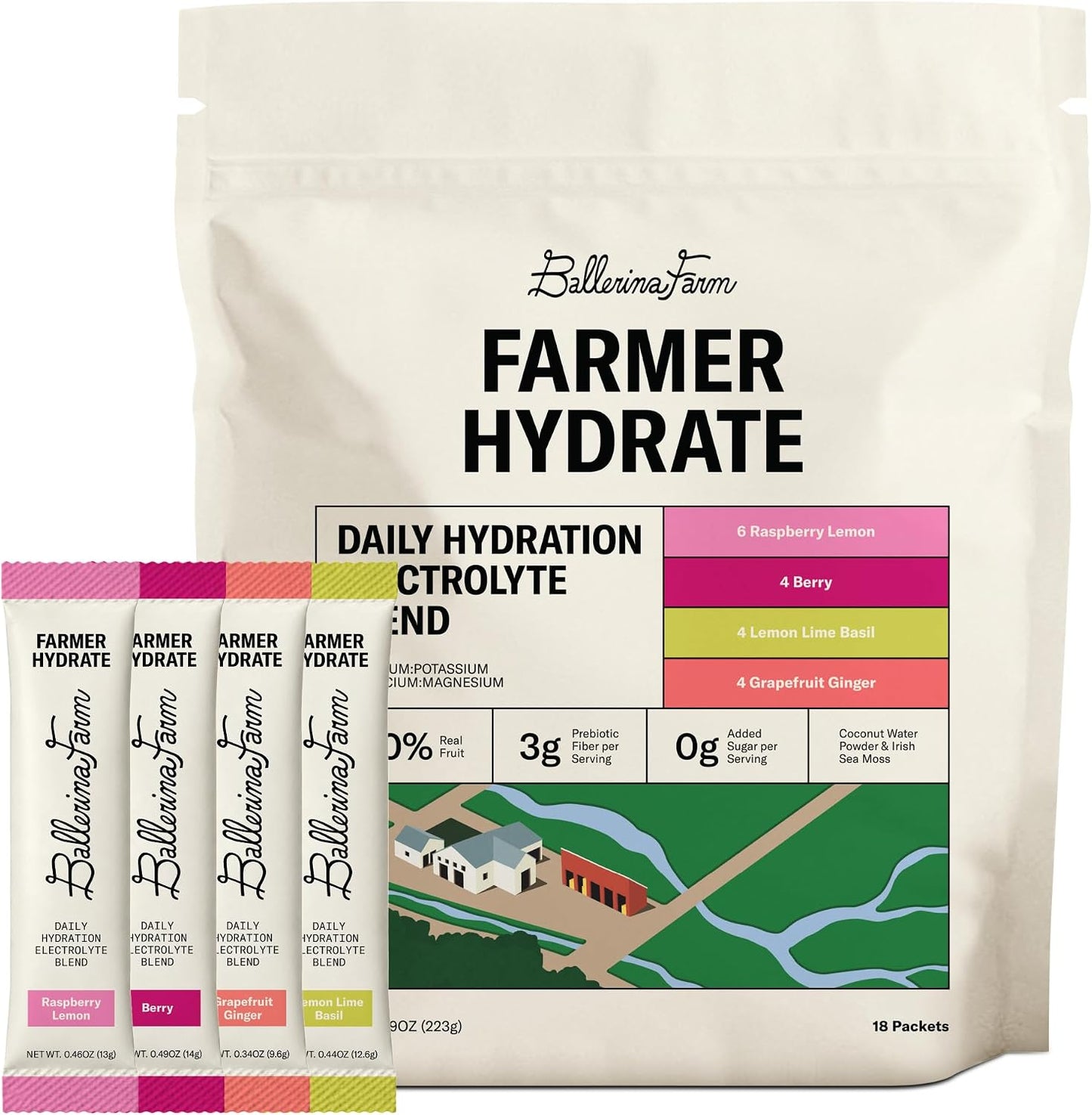 Ballerina Farm Farmer Hydrate Variety Pack, 4 Flavor Electrolyte Packets | Includes Berry, Raspberry Lemonade, Grapefruit Ginger, and Lemon Lime Basil, No Added Sugar, 18 Count