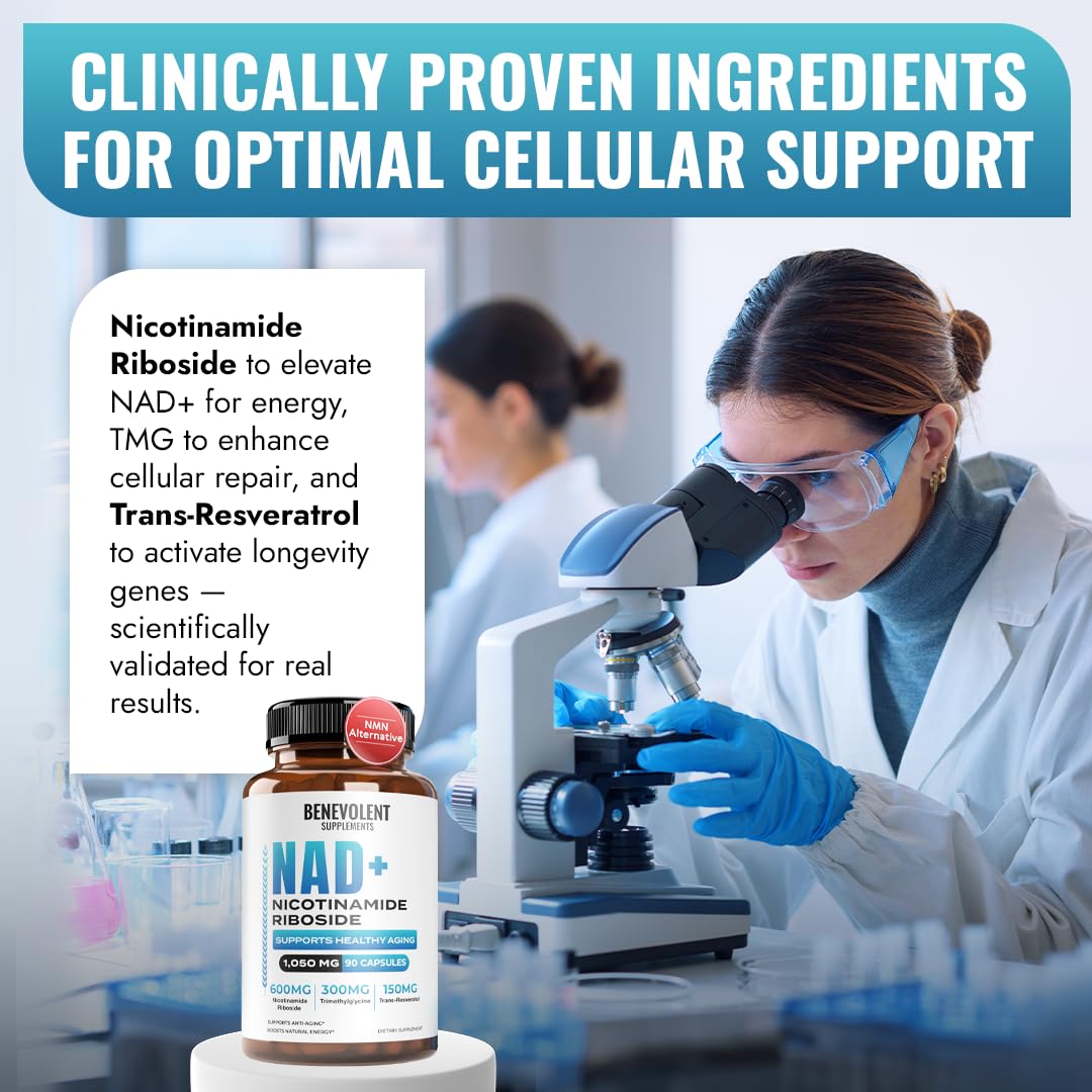 Benevolent NAD+ Supplement 1050mg, Max Absorption 3in1 NAD Supplements for Women & Men with Nicotinamide Riboside, Trans-Resveratrol & TMG, NAD Plus for Cellular Energy, Brain Support & Aging, 90 Caps