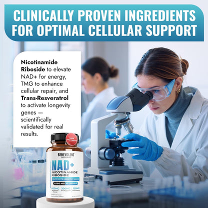 Benevolent NAD+ Supplement 1050mg, Max Absorption 3in1 NAD Supplements for Women & Men with Nicotinamide Riboside, Trans-Resveratrol & TMG, NAD Plus for Cellular Energy, Brain Support & Aging, 90 Caps