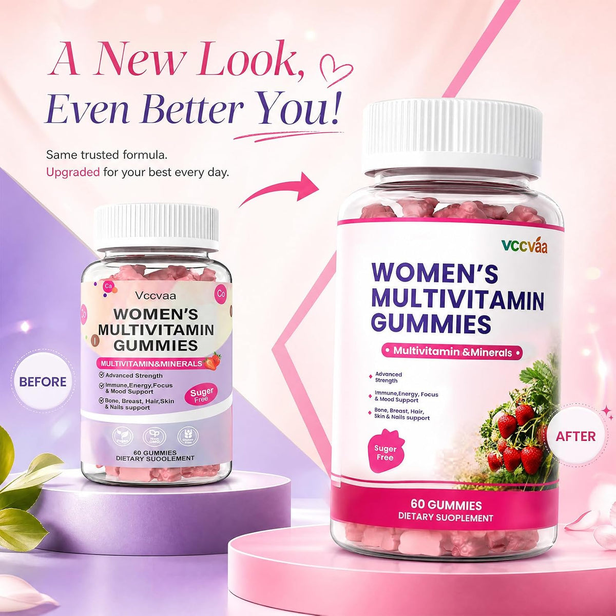 Sugar Free Multivitamin Gummies for Women 14+ with Iron, Inositol, Folate, Vitamins A C D3 E B12 K2, Herbal & Mineral Blend, Daily Vegan Gummy for Hair, Skin, Energy, Immune Support – 60 Count