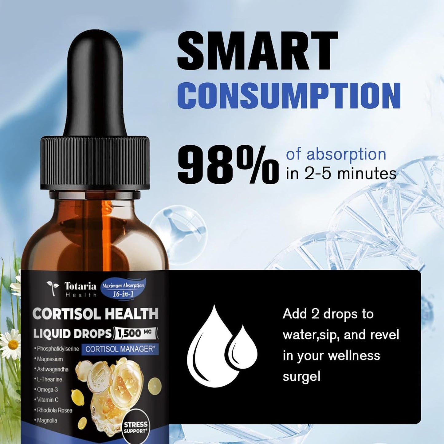 Totaria cortisol Supplement Liquid Drops Hormone Balance for Women Men with Magnesium Complex,Ashwagandha,Rhodiola Rosea,L Theanine,Phosphatidylserine Supplements Mood, Focus, Sleep Support 2 FL.OZ