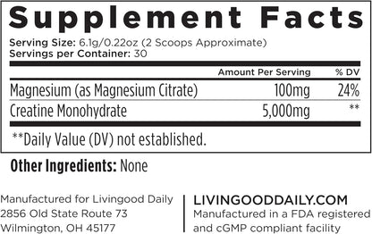 Livingood Daily Creatine + Magnesium Powder, Unflavored | 5g Micronized Creatine Monohydrate with Magnesium for Energy, Muscle Recovery & Performance | 30 Servings