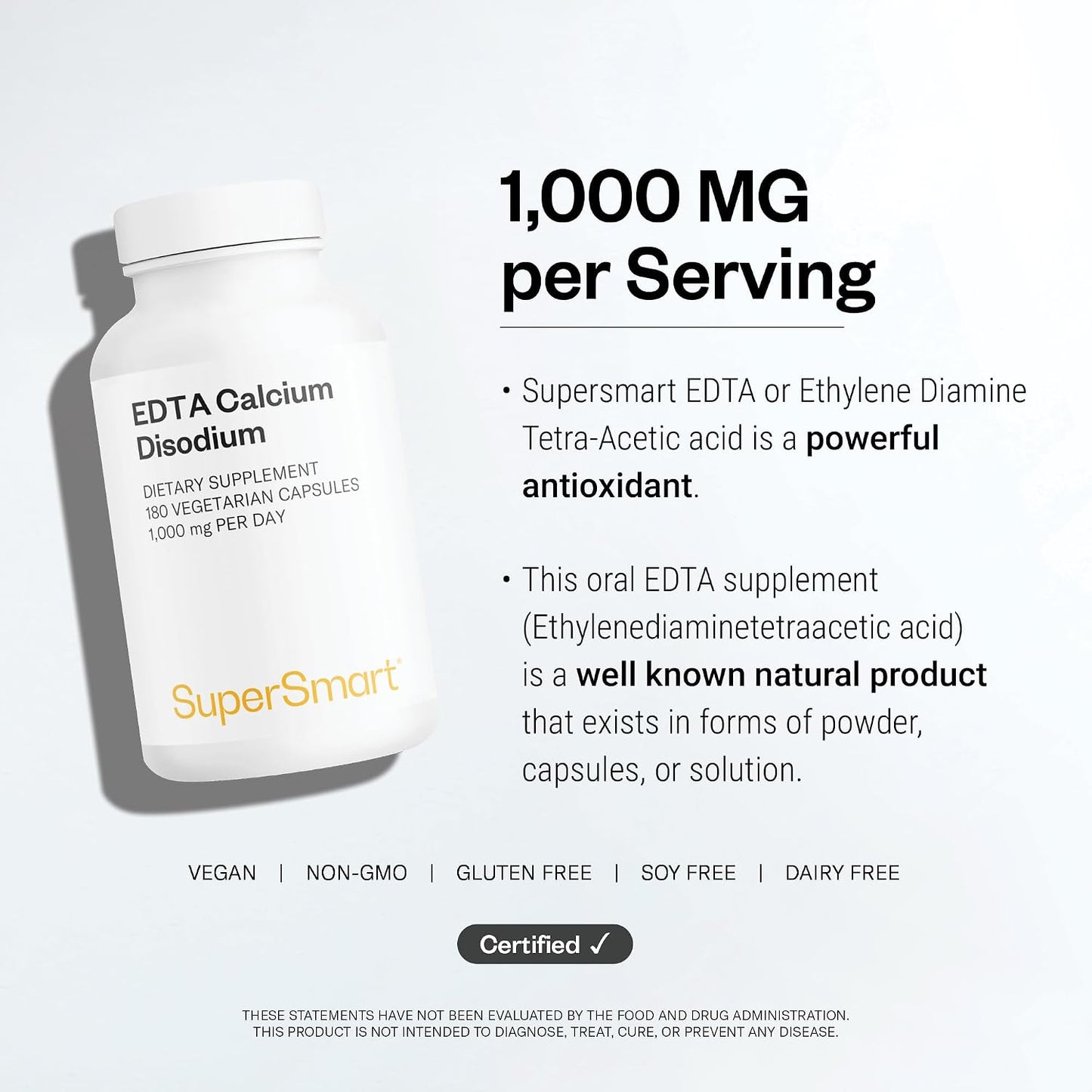 Supersmart - EDTA 1000mg per Day - Calcium Disodium EDTA Supplement | Non-GMO & Gluten Free - 180 Vegetarian Capsules