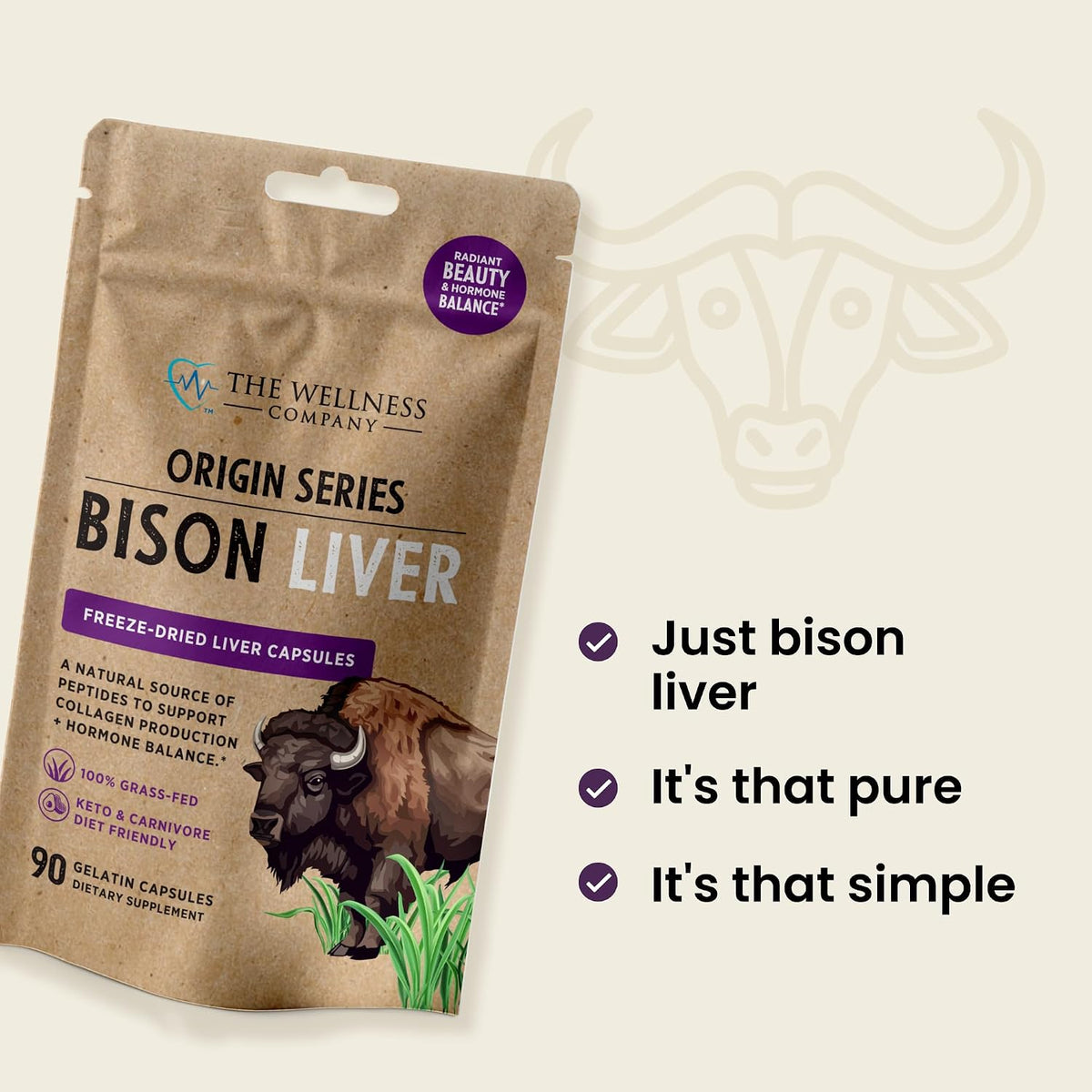 Bison Liver, 100% Grass-Fed Freeze-Dried Organ for Collagen & Skin, 90ct
