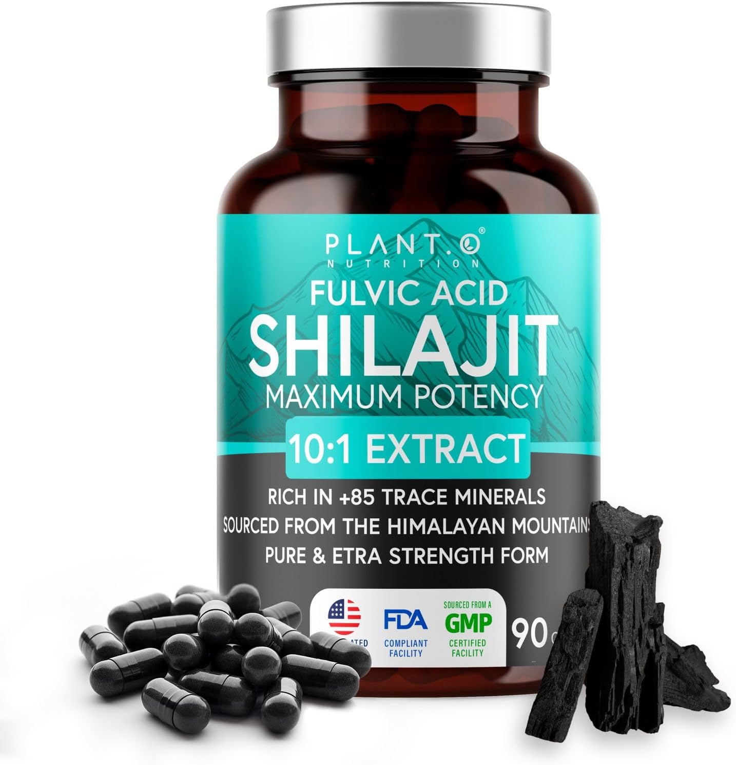 Natural Himalayan Shilajit Capsules - 10:1 Extract Maximum Potency | Fulvic Acid + 85 Trace Minerals | Energy Boost, Immune Support, Cognitive Function | 90 Veggie Pills for Men & Women