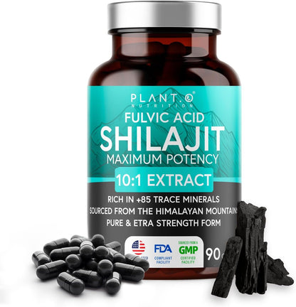 Natural Himalayan Shilajit Capsules - 10:1 Extract Maximum Potency | Fulvic Acid + 85 Trace Minerals | Energy Boost, Immune Support, Cognitive Function | 90 Veggie Pills for Men & Women