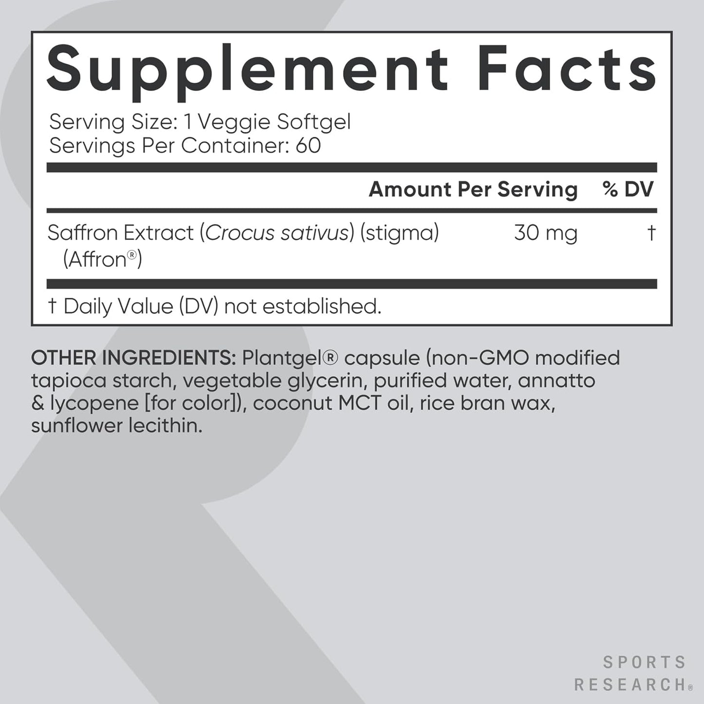 Sports Research® Pure Saffron Supplement, 30 mg - Mood & Stress Support - Made w/Affron® Saffron Extract - Vegan Certified · Non-GMO · Gluten Free – 60 Veggie Softgels