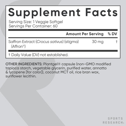 Sports Research® Pure Saffron Supplement, 30 mg - Mood & Stress Support - Made w/Affron® Saffron Extract - Vegan Certified · Non-GMO · Gluten Free – 60 Veggie Softgels