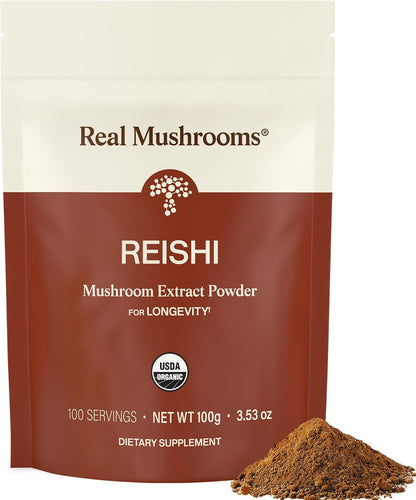 Real Mushrooms Reishi Mushroom Powder - Handpicked Organic Mushroom Extracts - Red Reishi for Tranquil Daily Wellness with Verified Beta Glucans Vegan, Non-GMO, No Grain Fillers, 100 Servings