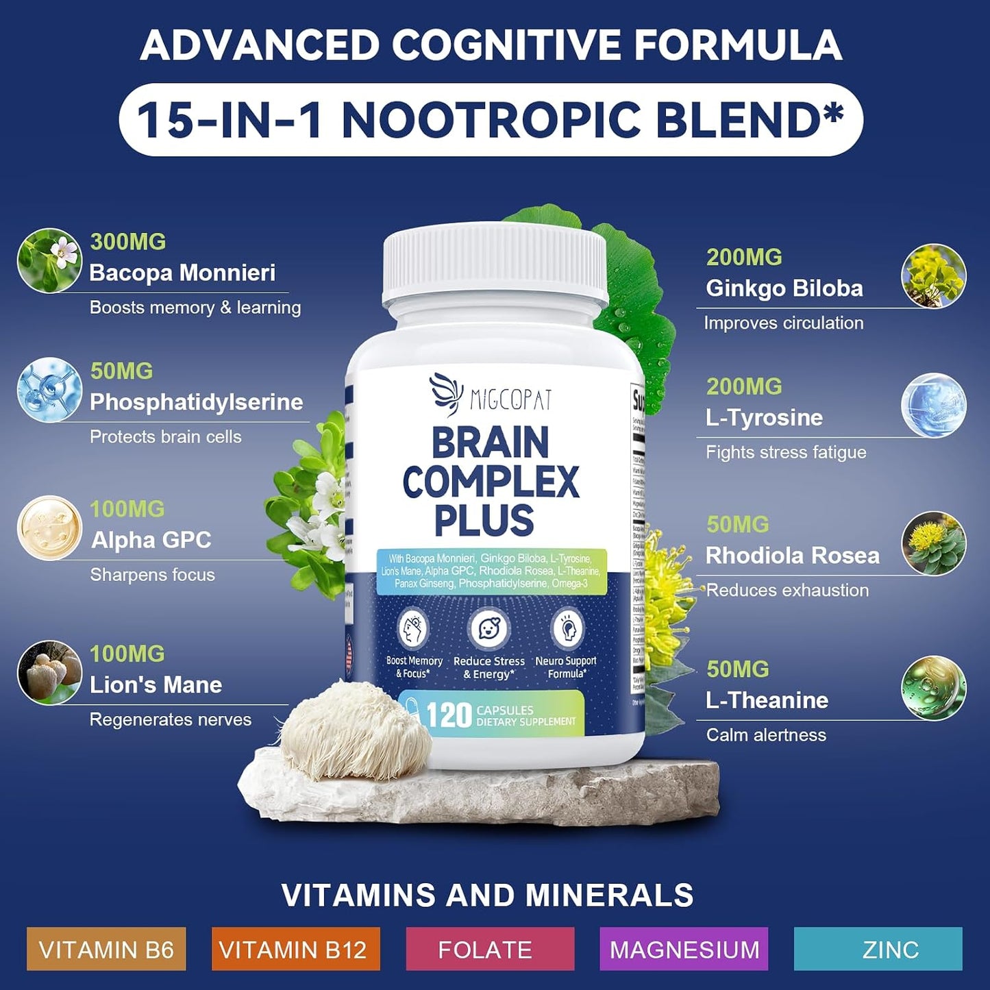 Brain Supplements for Memory & Focus - Nootropic with Bacopa Monnieri, Lion's Mane, Alpha GPC, Phosphatidylserine | Supports Mental Clarity & Cognitive Function | Vitamin B6 & B12-120 Capsules