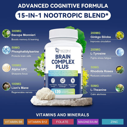 Brain Supplements for Memory & Focus - Nootropic with Bacopa Monnieri, Lion's Mane, Alpha GPC, Phosphatidylserine | Supports Mental Clarity & Cognitive Function | Vitamin B6 & B12-120 Capsules