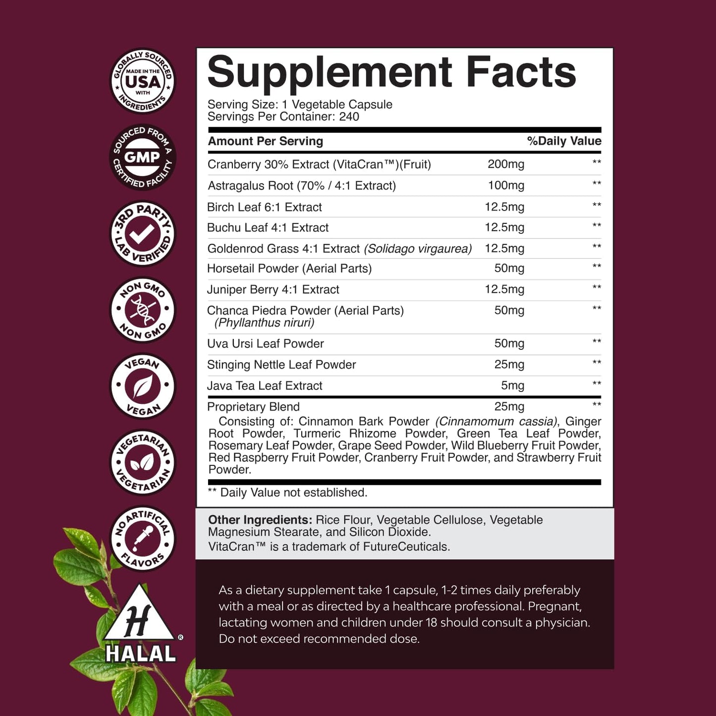 Advanced Kidney Support Supplement - Kidney Cleanse Detox & Repair Cranberry Extract Capsules with Uva Ursi, Stinging Nettle & Astragalus for Kidney Health - Urinary Tract Health - 60 Count