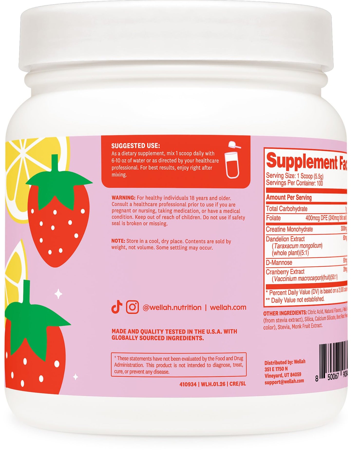 Wellah Creatine for Women - Creatine Monohydrate with Dandelion & Cranberry Extract (50 Servings, Strawberry Lemonade) | Creatine Monohydrate with Dandelion & Cranberry Extract