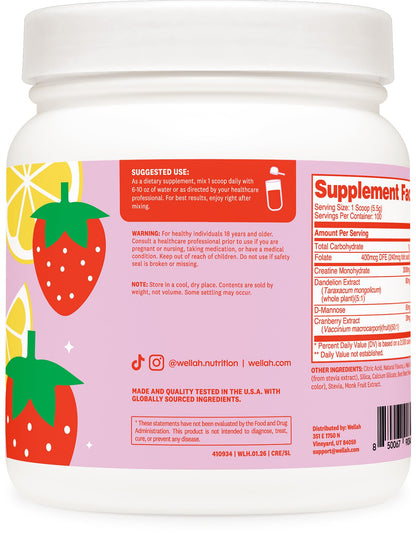 Wellah Creatine for Women - Creatine Monohydrate with Dandelion & Cranberry Extract (50 Servings, Strawberry Lemonade) | Creatine Monohydrate with Dandelion & Cranberry Extract