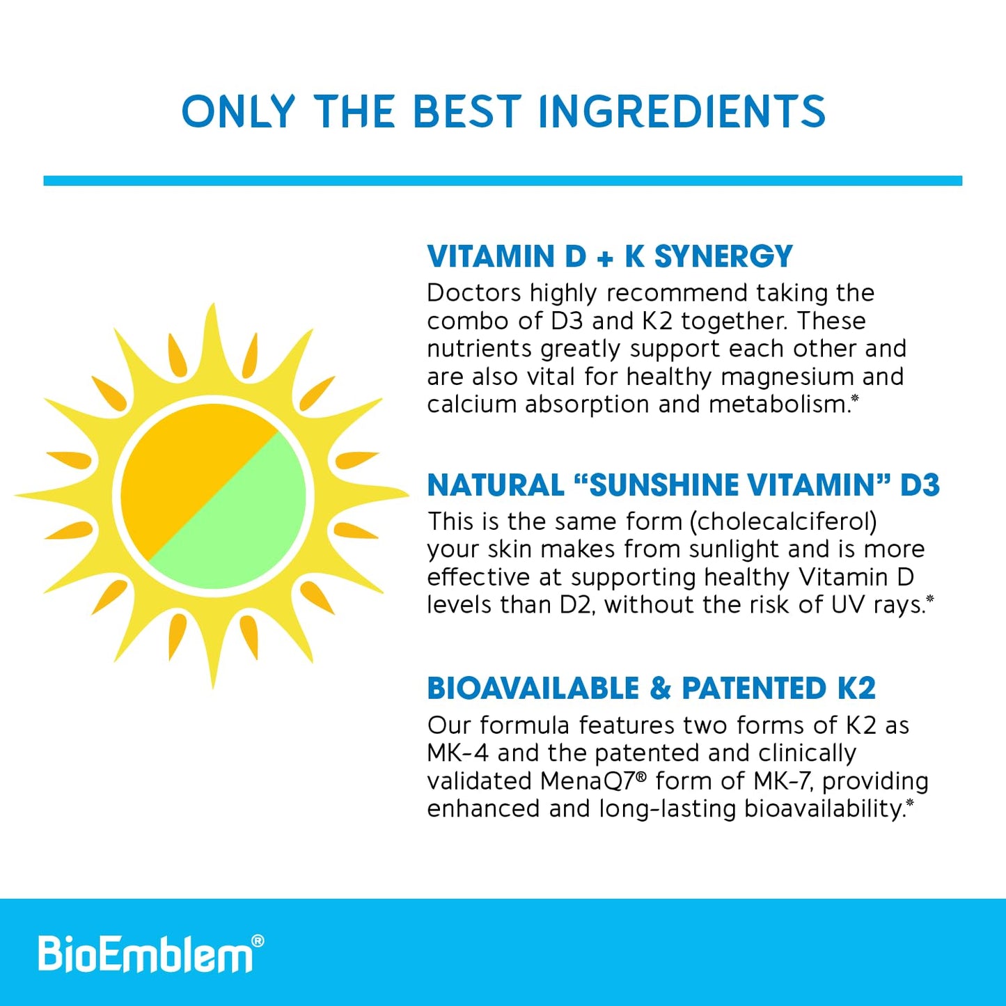 BioEmblem Vitamin D3 K2 Capsules (5000IU and 200mcg) - Patented MK7 and MK4 for 3-in-1 Complex Support - Vegetarian Vitamin D K2 Supplement for Teeth, Heart, Immune System - Non-GMO, 90 Caps | 3-In-1 Complex With Patented MenaQ7 for Calcium, Bone, Teeth,