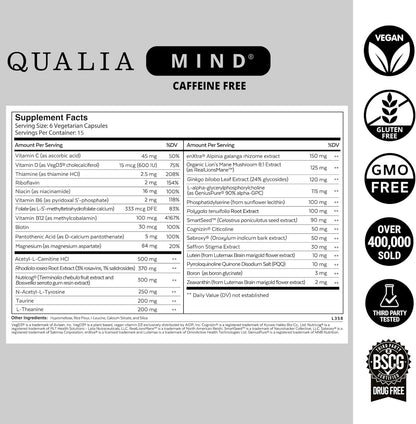 Qualia Mind (Caffeine Free) | The Ultimate Blend for Brain Health* | Doctor-Formulated Nootropic to Fuel Focus & Concentration* | Supports Long Term Brain Health| Maintain Drive & Productivity