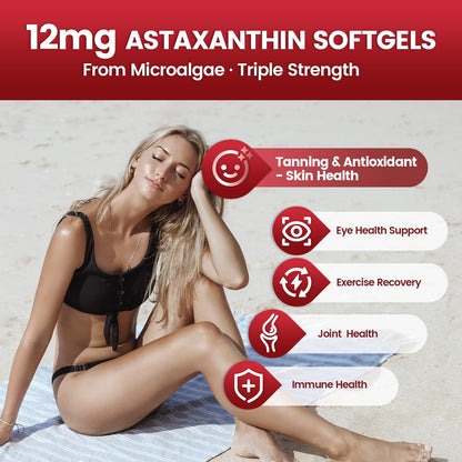 10 in 1 Astaxanthin 12mg Supplements, 4 Month Supply, Astaxantina Antioxidant from Fresh Haematococcus Pluvialis, Contains Lycopene, Grape Seed, Vitamin E, & More Supports Eye, Joints, Skin Health