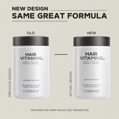 Codeage Hair Vitamins 10000 mcg Biotin, Keratin, Collagen, Vitamin A, B12, C, D3, E, Zinc, Turmeric, Probiotics, Enzymes, Inositol - Hair Care Support - Healthy Hair Supplement Pills - 120 Capsules