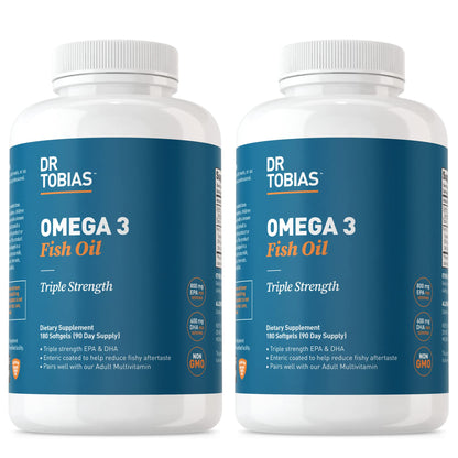 Dr. Tobias Omega 3 Fish Oil 2000mg Triple Strength | 180 Softgels | Heart, Brain & Joint Support | 2,000 mg Fish Oil | 800 mg EPA + 600 mg DHA | Delayed Release Omega 3 Supplement | 90 Servings