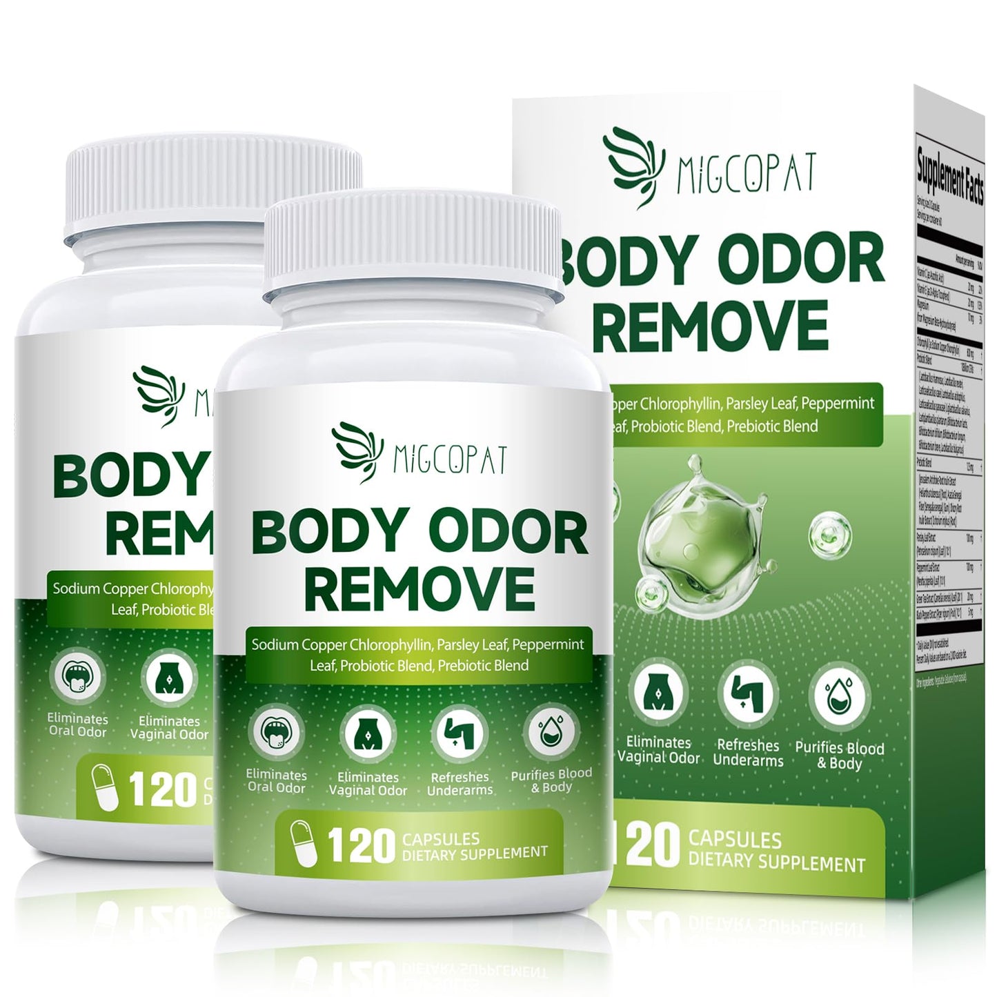 Chlorophyll Body Deodorizing Supplement, Chlorophyll Capsules with Parsley & Peppermint, Probiotic, Green Tea, Jerusalem Artichoke, Prebiotic, Supports Fresh Breath & Whole-Body Freshness, 120 Caps