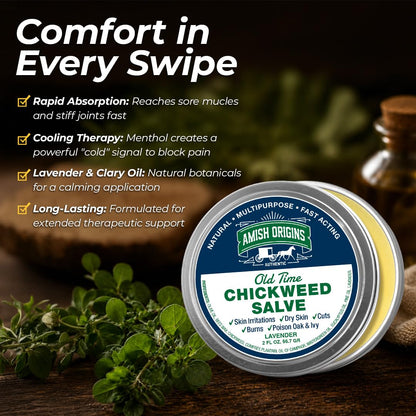 Amish Origins Old Time Chickweed Salve 2 oz- The Ultimate Poison Ivy/Poison Oak Blocker, Healing Salve for Skin Disorder, Irritations, Burns, Minor Cuts