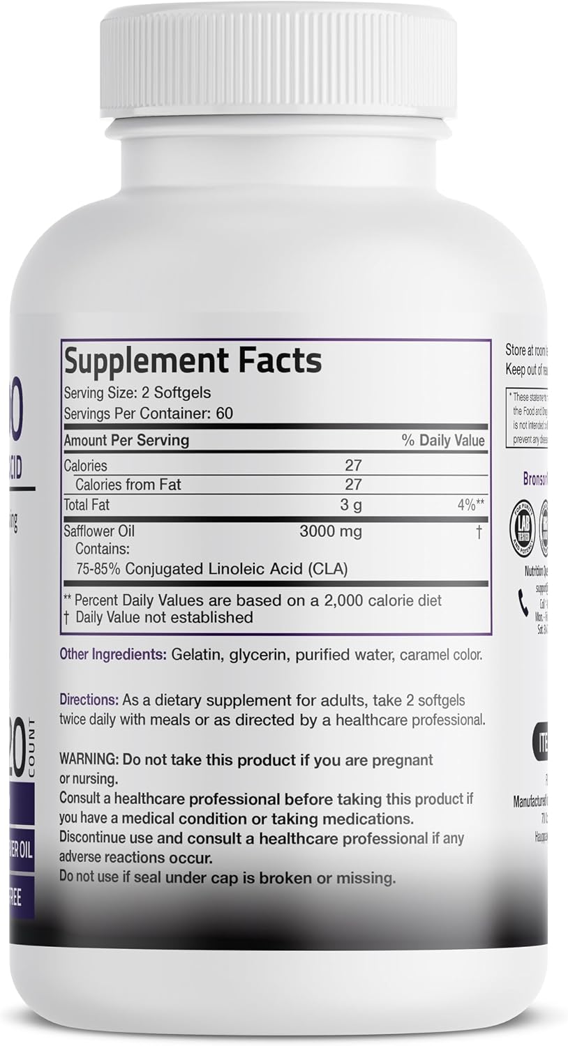 Bronson CLA 3000 Extra High Potency Supports Healthy Weight Management Lean Muscle Mass Non-Stimulating Conjugated Linoleic Acid 120 Softgels | 2250 mg Active CLA per Serving, Non-Stimulating, 100% Safflower Oil, Lean Body Mass Support, Non-GMO