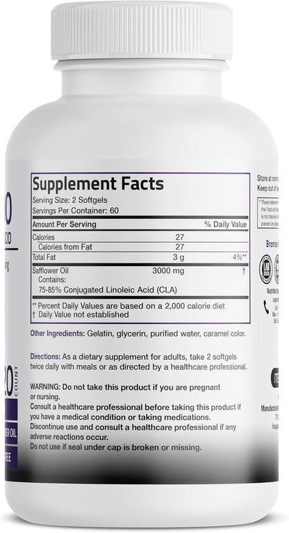 Bronson CLA 3000 Extra High Potency Supports Healthy Weight Management Lean Muscle Mass Non-Stimulating Conjugated Linoleic Acid 120 Softgels | 2250 mg Active CLA per Serving, Non-Stimulating, 100% Safflower Oil, Lean Body Mass Support, Non-GMO