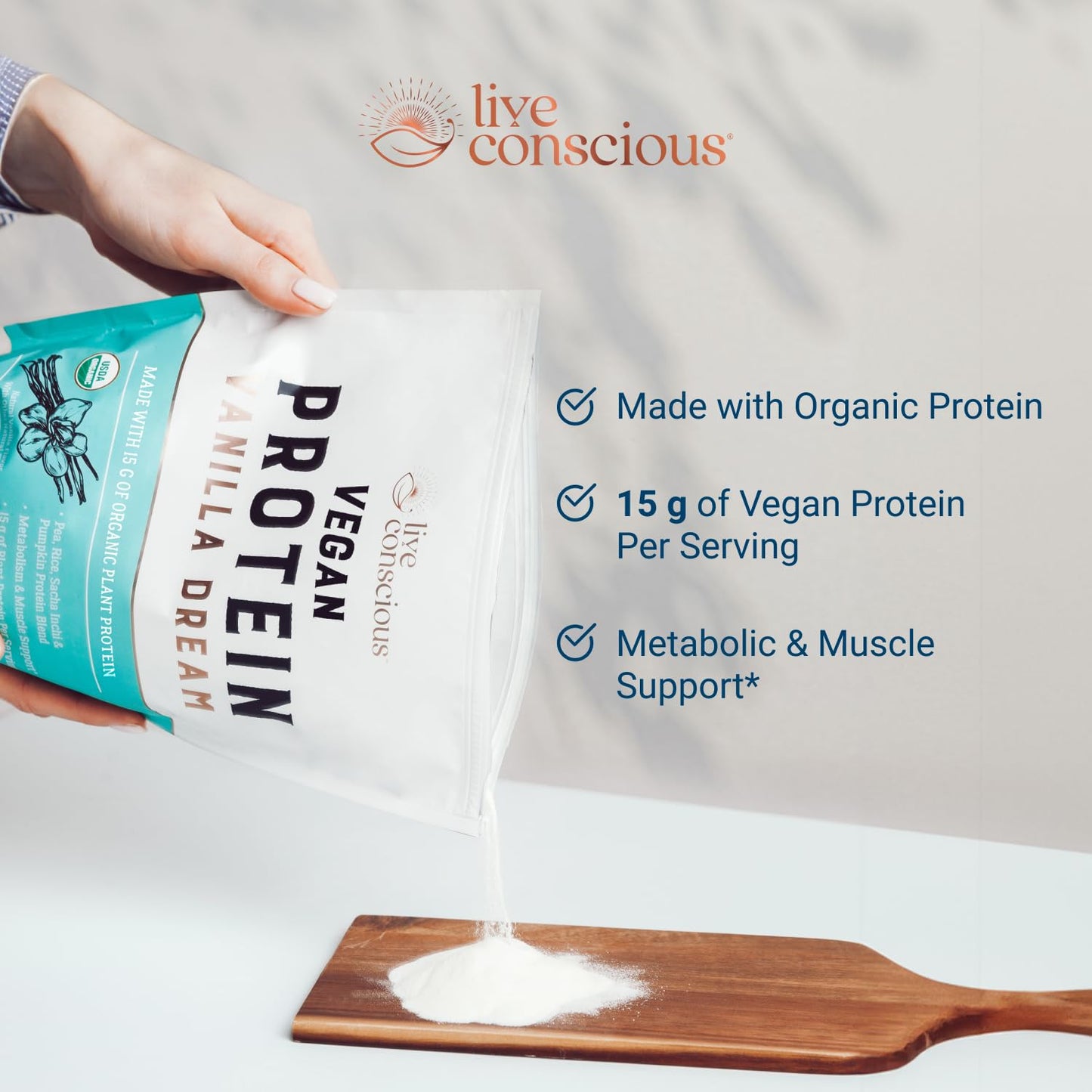 Live Conscious Cosmic Cacao - Organic Vegan Protein Powder, Chocolate Flavor, Plant-Based Blend - Pea Protein, Brown Rice, Pumpkin, Sacha Inchi - 20 Servings, 17 oz