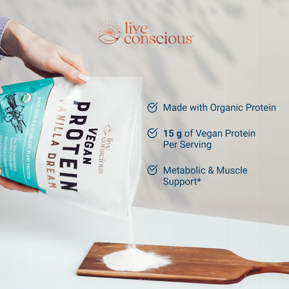 Live Conscious Cosmic Cacao - Organic Vegan Protein Powder, Chocolate Flavor, Plant-Based Blend - Pea Protein, Brown Rice, Pumpkin, Sacha Inchi - 20 Servings, 17 oz