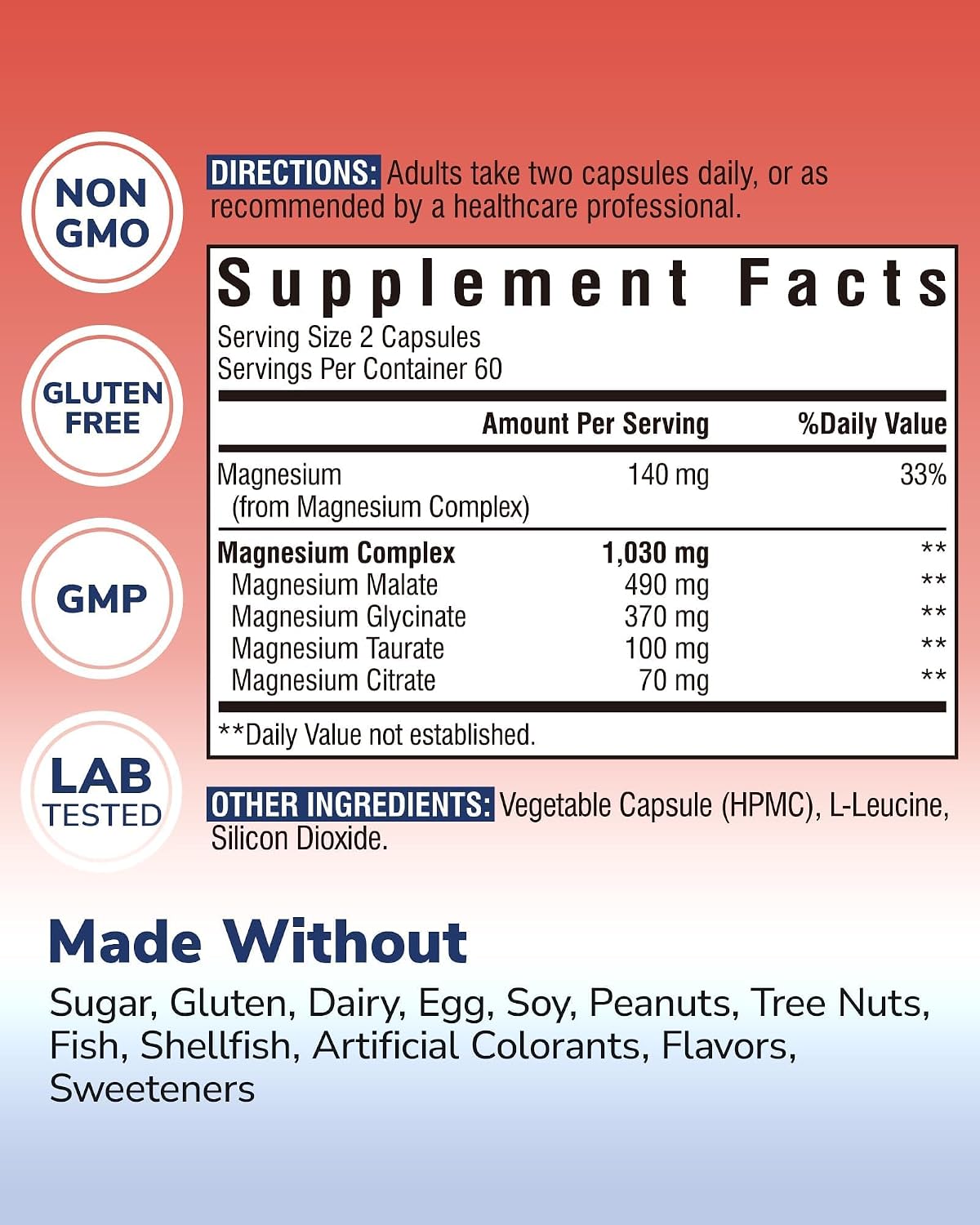 Vitalibre Magnesium Complex Supplement, 4 in 1 Maximized Absorption Chelated Magnesium Glycinate Malate, Taurate & Citrate, Non-Buffered, Bone, Heart, Nerve & Immune Support, 120 Vegan Capsules