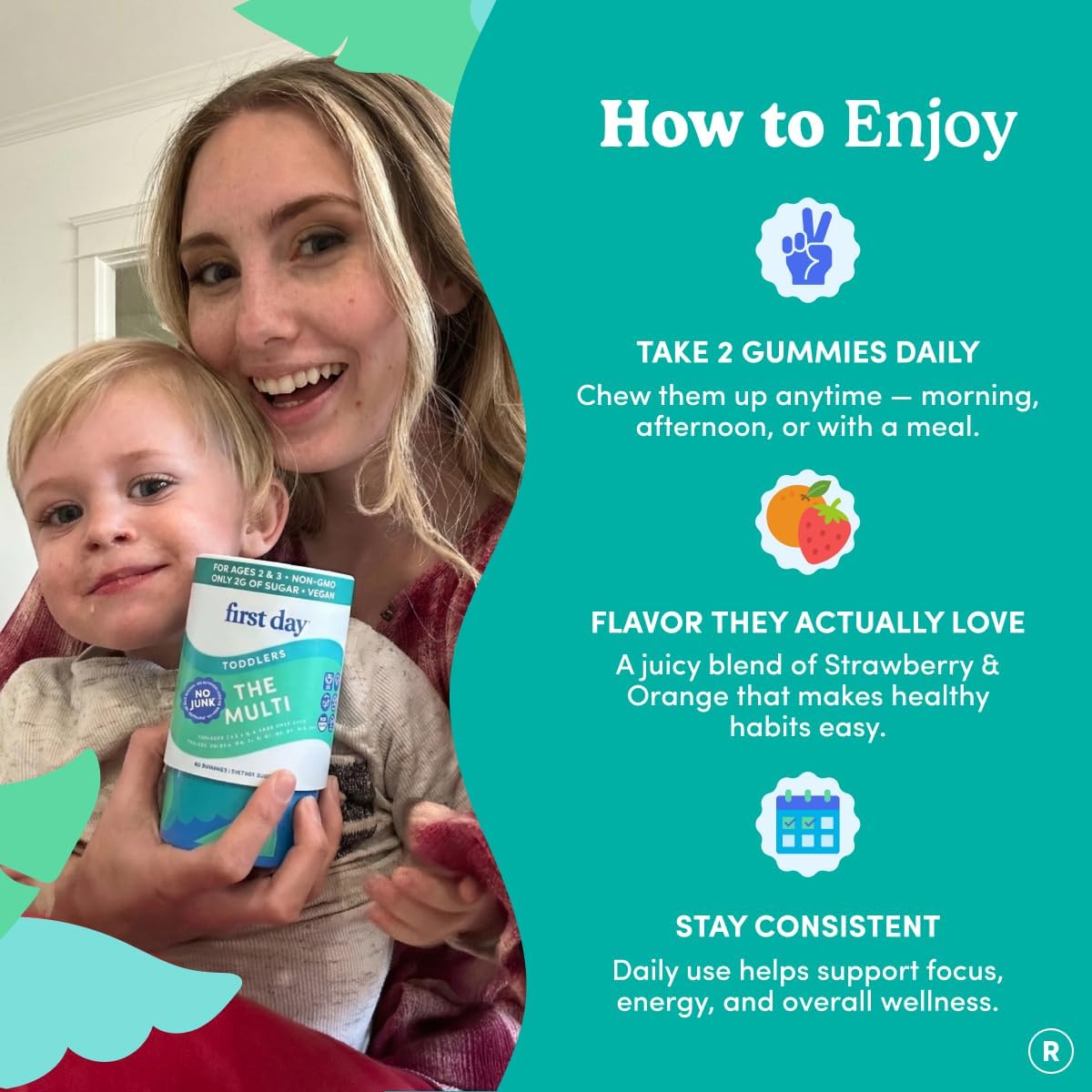 Toddler Multivitamin Gummies for Ages 2 & 3 – No Fake Sugars, No Artificial Colors, No Fillers – Choline, 10 Essential Nutrients, 21 Organic Superfoods – Clean Label Purity Award – 60 Count | First Day toddler vitamins for ages 2-3: vegan toddler vitamin