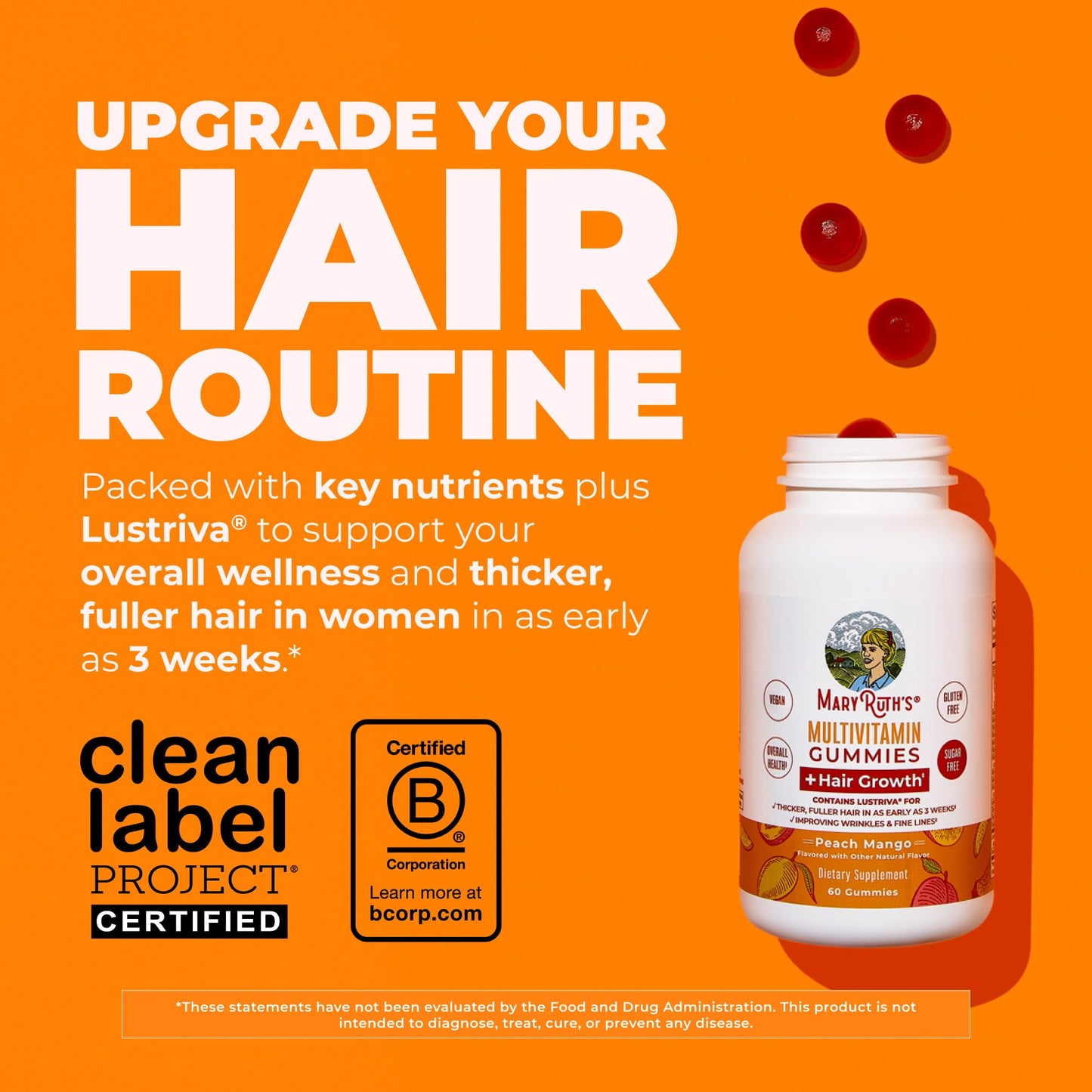 MaryRuth's Multivitamin + Hair Growth Gummies | with Lustriva® | Biotin 10000mcg | B Vitamins | Formulated for Thicker Hair, Wrinkles, Fine Lines, Skin Care | Ages 18+ | 30 Servings