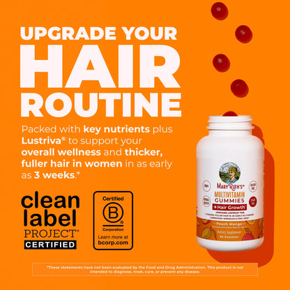 MaryRuth's Multivitamin + Hair Growth Gummies | with Lustriva® | Biotin 10000mcg | B Vitamins | Formulated for Thicker Hair, Wrinkles, Fine Lines, Skin Care | Ages 18+ | 30 Servings
