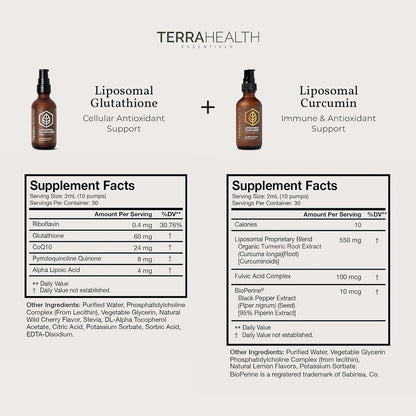 Terra Health Essentials Liposomal Glutathione & Curcumin Bundle - Antioxidant Immune, Skin & Mobility Support - Maximum Absorption & Great Tasting - Non-GMO, Vegan - 2oz Each, 30 Day Supply