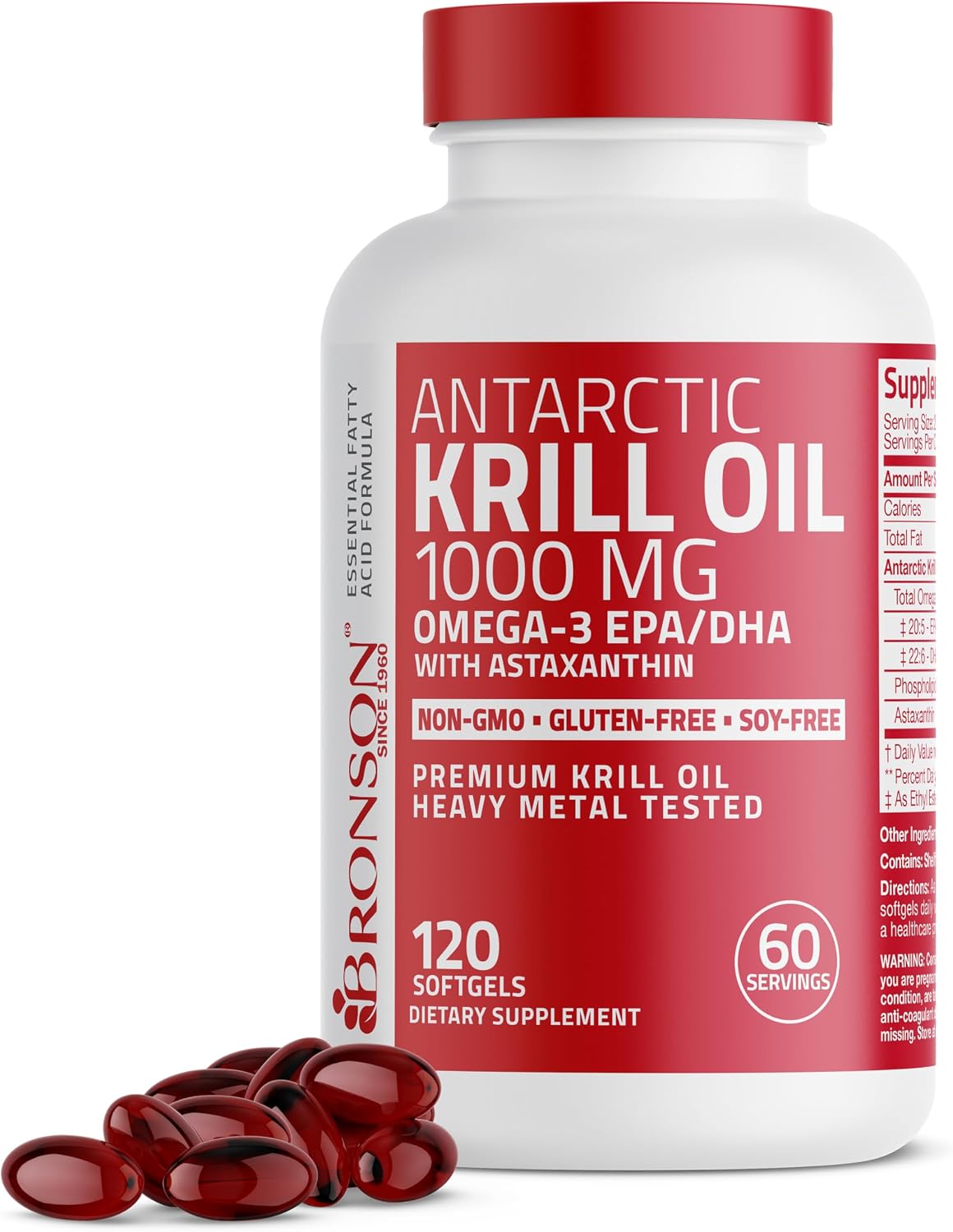 Bronson Antarctic Krill Oil 1000 mg with Omega-3s, 120 Softgels | Heavy Metal Tested, with EPA, DHA, Astaxanthin and Phospholipids, Non-GMO, Gluten Free, Soy Free