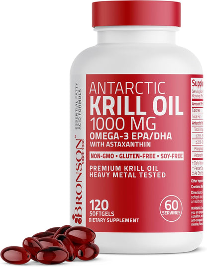 Bronson Antarctic Krill Oil 1000 mg with Omega-3s, 120 Softgels | Heavy Metal Tested, with EPA, DHA, Astaxanthin and Phospholipids, Non-GMO, Gluten Free, Soy Free