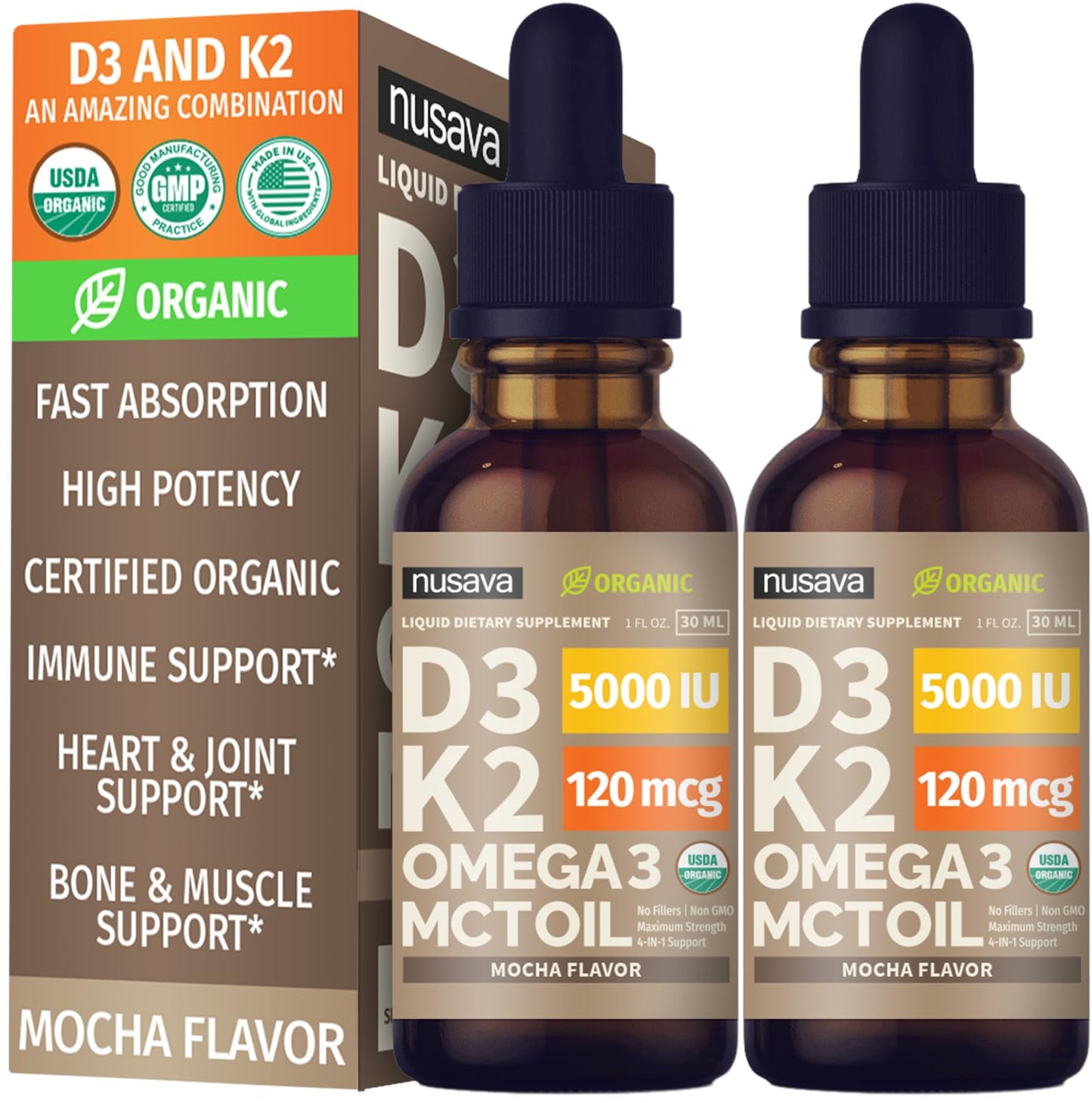 (2 Pack) Organic Vitamin D3 K2 Drops with MCT Oil & Omega 3 - Liquid Vitamin D3 5000 IU - K2 D3 Vitamin Supplement - Vitamin D Drops for Women & Men - No Fillers, Non-GMO, GMP, Unflavored (2 Fl Oz)