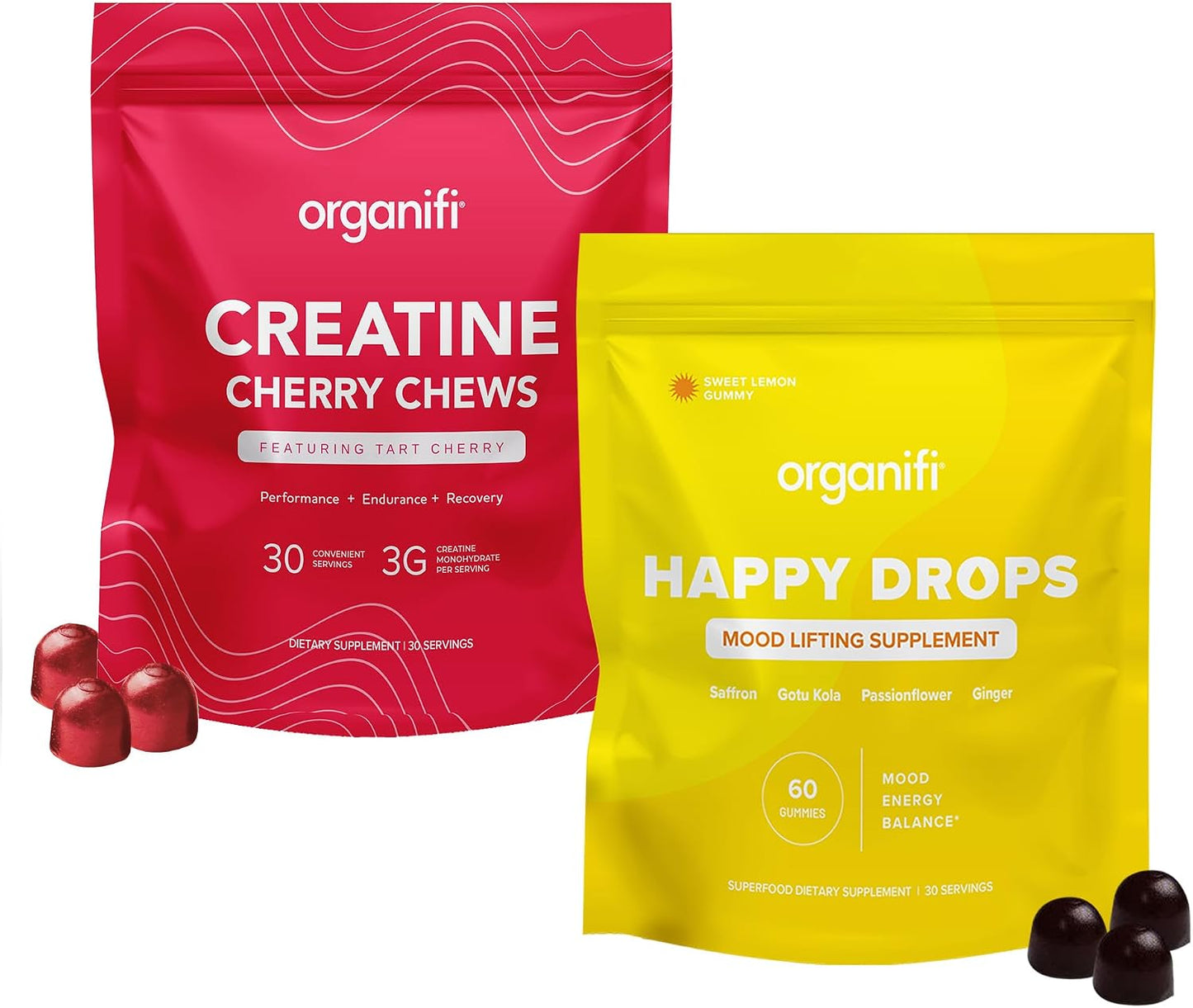 Organifi Strength and Mood Bundle - 30 Servings of Creatine Cherry Chews and Lemon Happy Drops - Delicious Creatine Monohydrate and Calming Saffron Gummies for Men and Women
