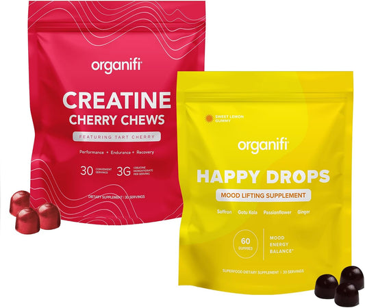 Organifi Strength and Mood Bundle - 30 Servings of Creatine Cherry Chews and Lemon Happy Drops - Delicious Creatine Monohydrate and Calming Saffron Gummies for Men and Women